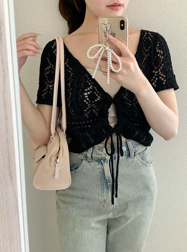 透かし編みドロストニットトップス