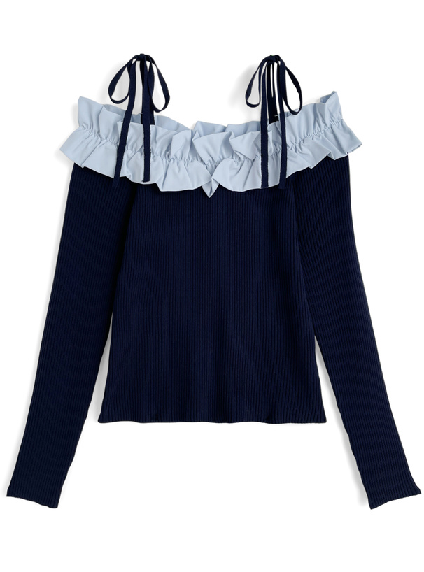 リボンフリルオフショルダーニットトップス