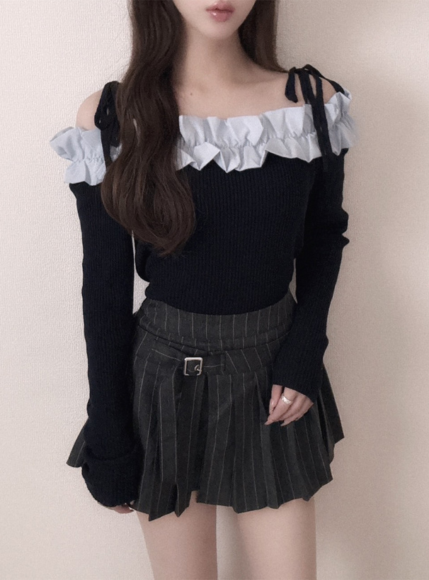 リボンフリルオフショルダーニットトップス