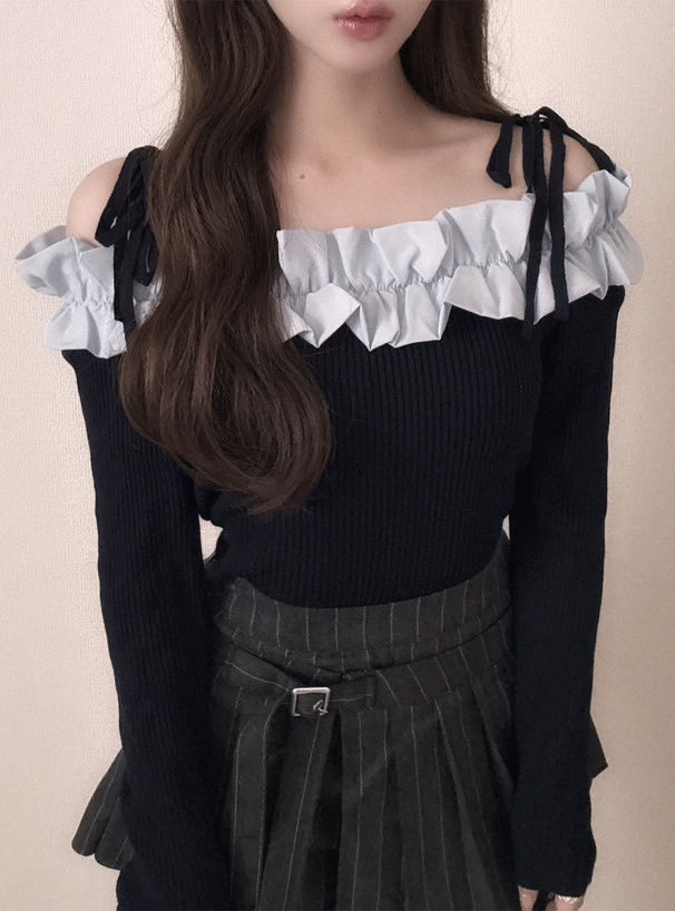 リボンフリルオフショルダーニットトップス