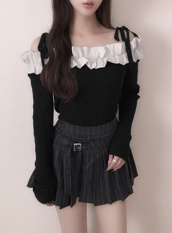 リボンフリルオフショルダーニットトップス