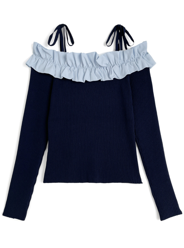 リボンフリルオフショルダーニットトップス