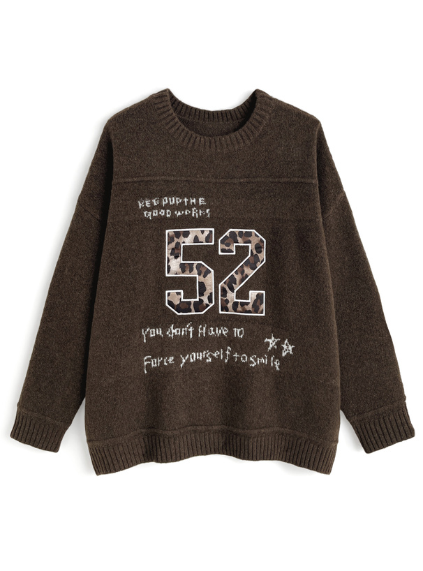 レオパード柄ナンバーロゴニットトップス