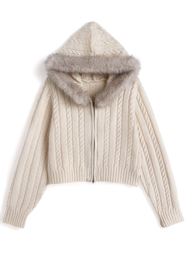 ファーフードケーブル編みダブルジップニットパーカー[so45