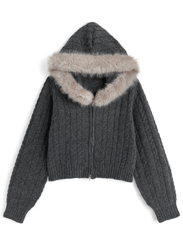 ファーフードケーブル編みダブルジップニットパーカー[so45