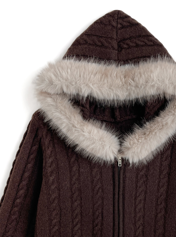 ファーフードケーブル編みダブルジップニットパーカー[so45