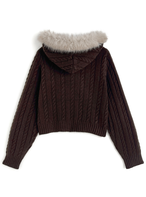 ファーフードケーブル編みダブルジップニットパーカー