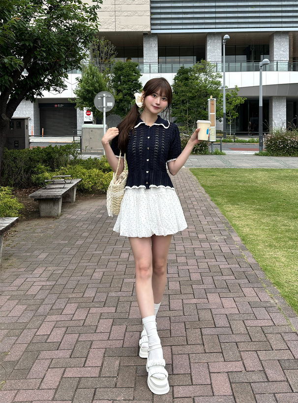 配色ハートボタン透かし編みニットカーディガン