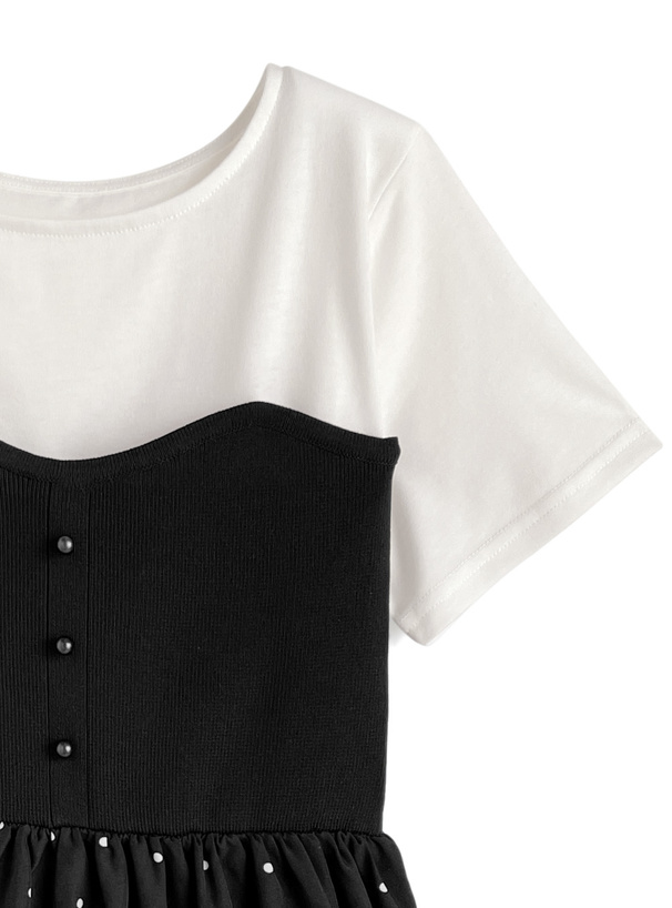 ドット柄ニットベアミニワンピース×ベーシックTシャツセットアップ