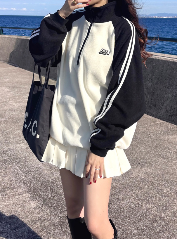 ロゴ刺繍配色ハーフジップラグランフリーストップス[sr33