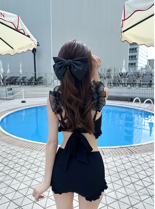 チュールフリルショルダーリボンビキニ水着