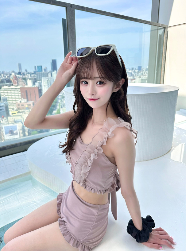 チュールフリルショルダーリボンビキニ水着