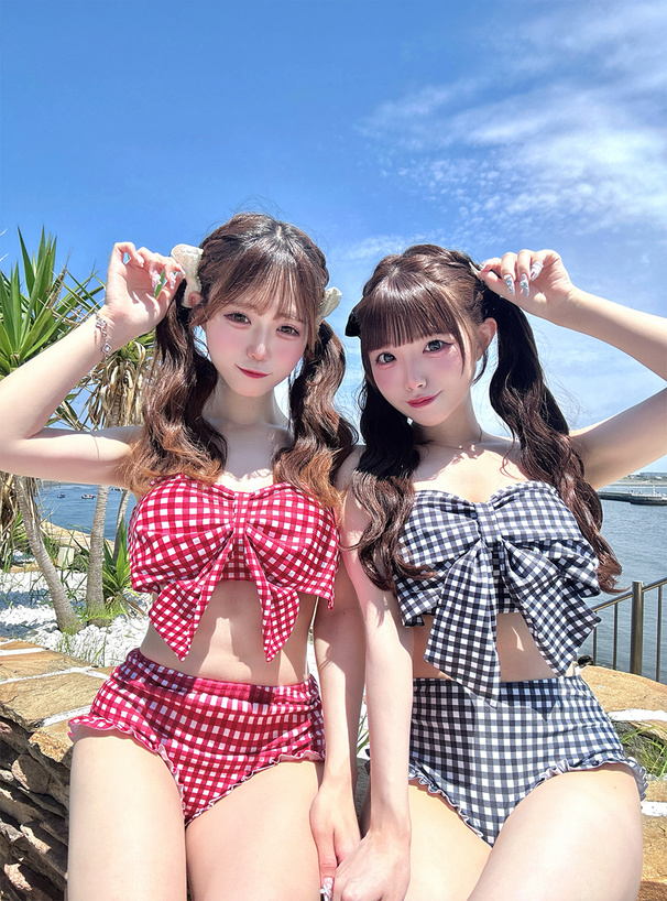 激レア！MA＊RS パフューム柄 水着 ビキニ ボレロ付きギンガムチェック柄リボンデザインビキニ水着[sw954