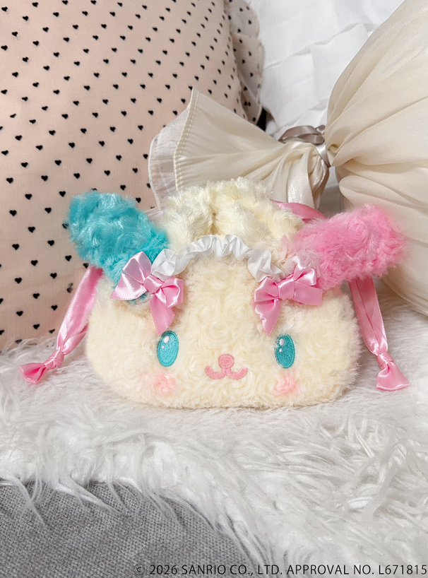 サンリオキャラクターズコラボ　くるくるファーヘッドドレスウサハナフェイス巾着
