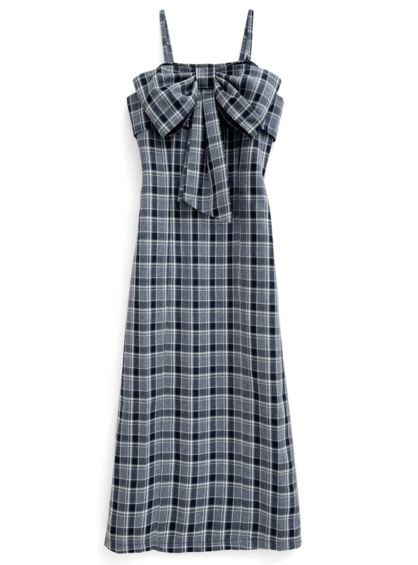 チェック柄フロントリボンロングワンピース