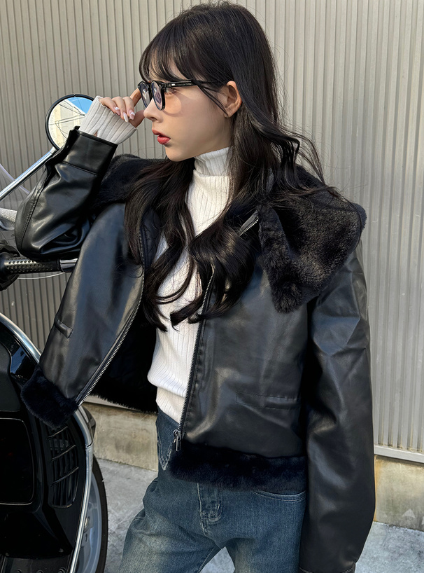 ボアカラーショート丈レザーブルゾン