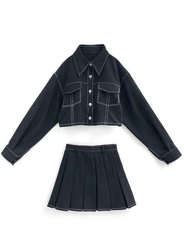 ショート丈ジャケット×プリーツミニスカートセットアップ[ta198