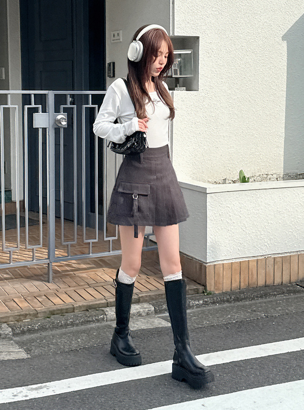 インパン裏地付きツイルワークプリーツミニスカート