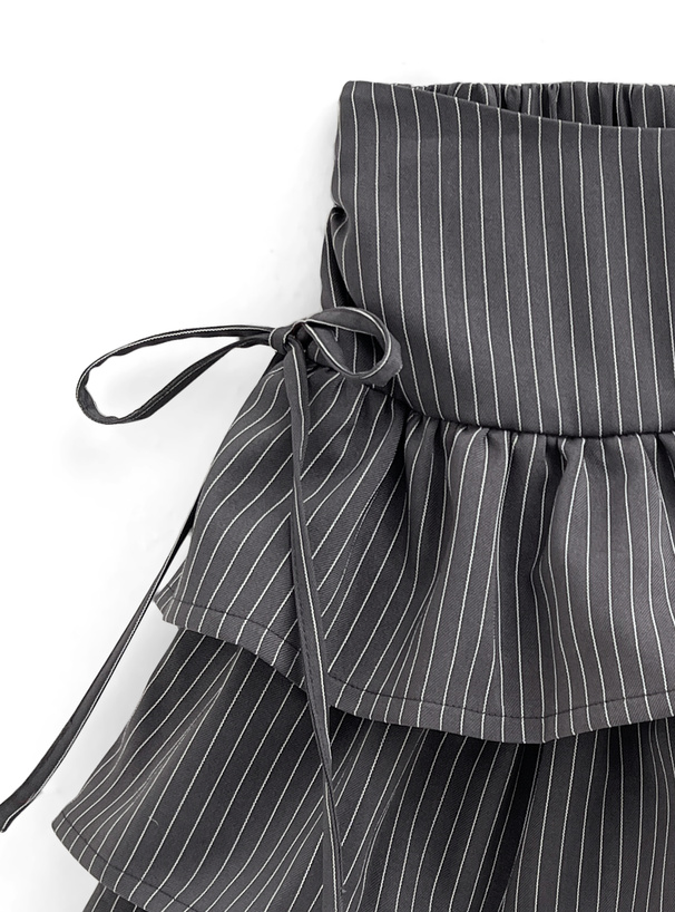 インパン裏地付きストライプ柄リボンティアードミニスカート