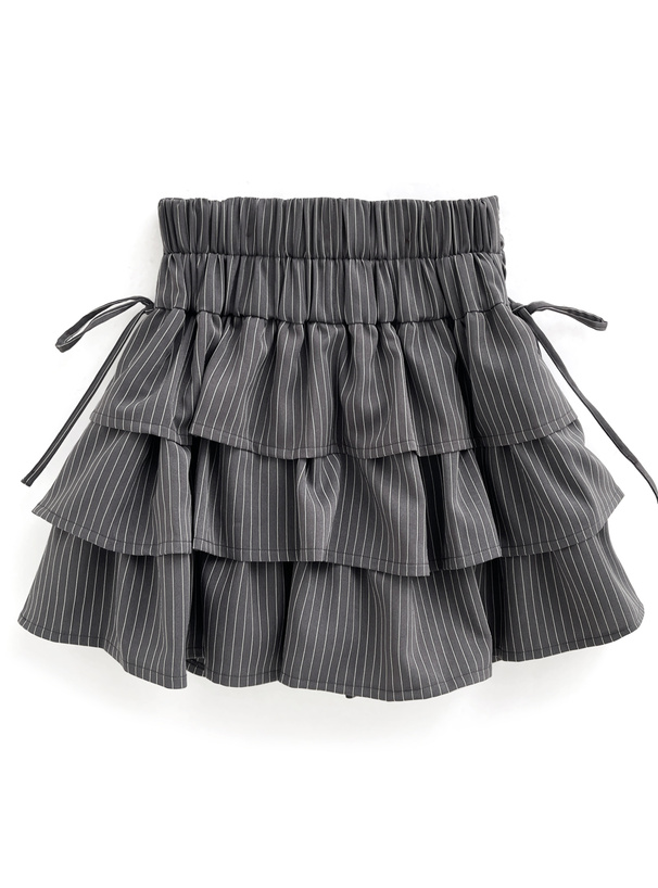 インパン裏地付きストライプ柄リボンティアードミニスカート