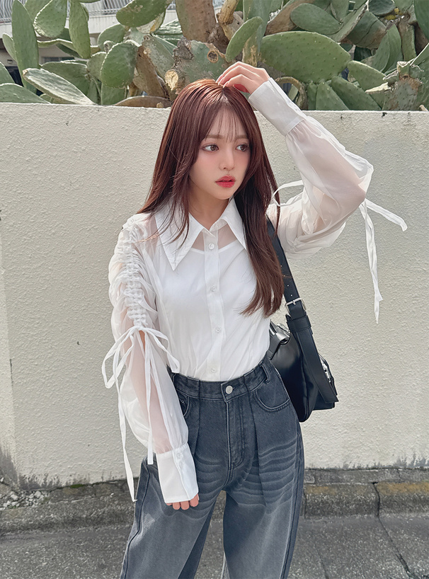 インナー付きドロストリボンシアーシャツ