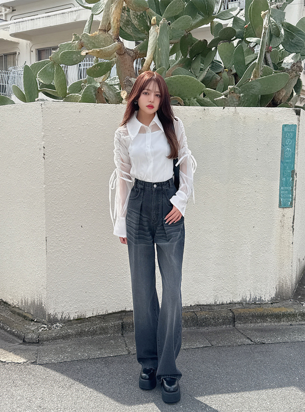 インナー付きドロストリボンシアーシャツ