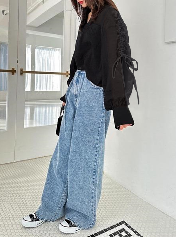 インナー付きドロストリボンシアーシャツ