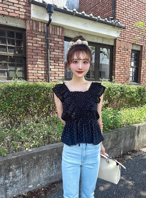 ドット柄フリルリボントップス