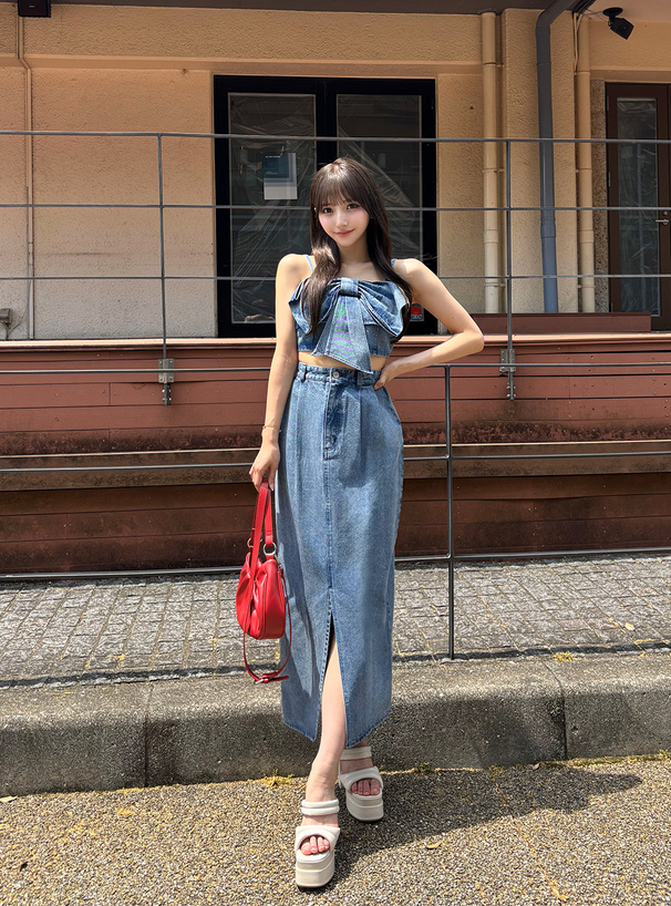 デニムリボンビスチェ×デニムスカートセットアップ