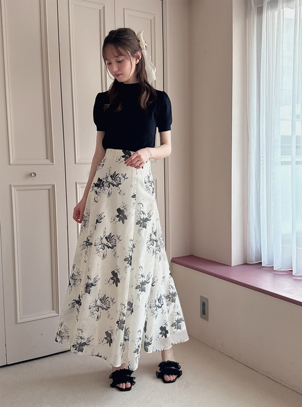 シフォン花柄フレアスカート
