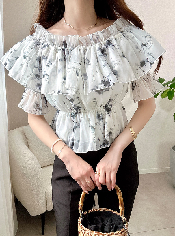 2Wayオフショルダー花柄フリルトップス