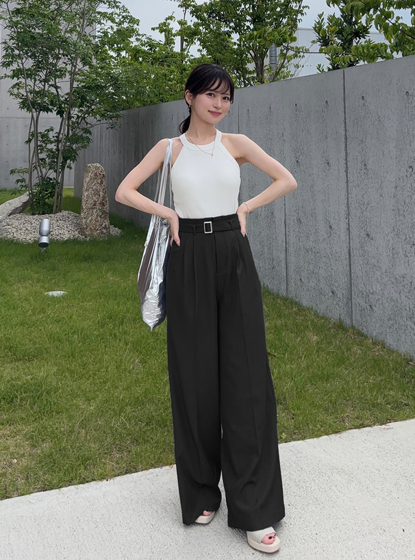 ベルト付きツイルタックワイドパンツ