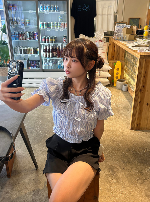 2Wayストライプ柄オフショルダーブラウス