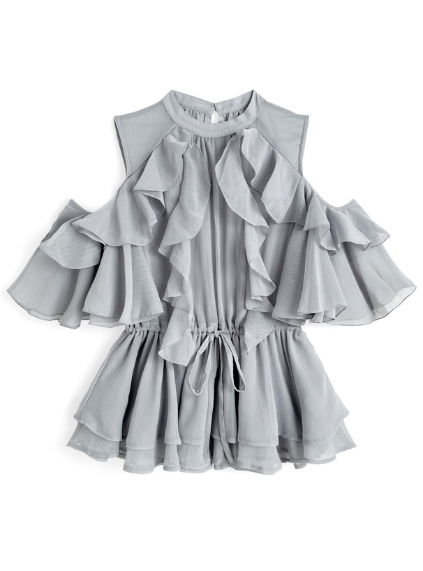 オープンショルダーフリルシフォンチュニック