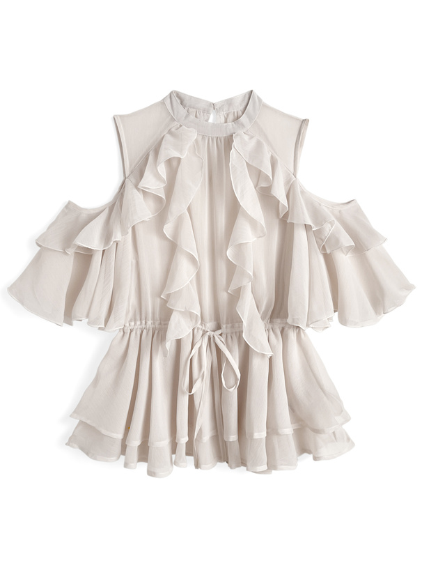 オープンショルダーフリルシフォンチュニック