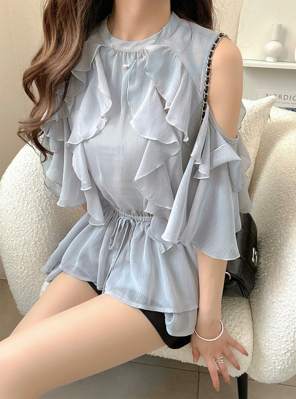 オープンショルダーフリルシフォンチュニック