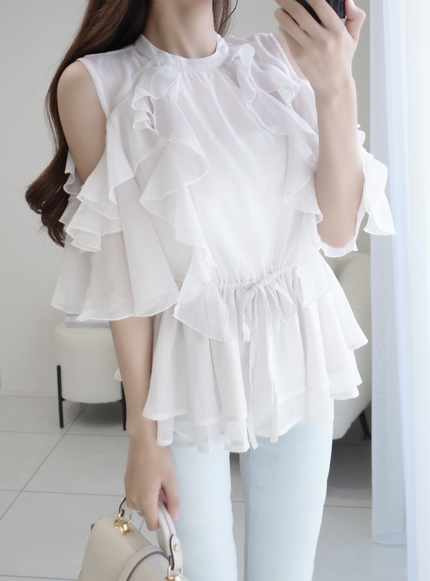 オープンショルダーフリルシフォンチュニック