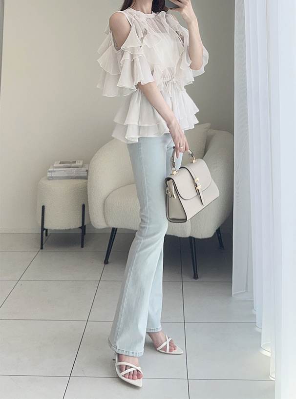 オープンショルダーフリルシフォンチュニック