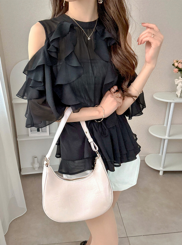 オープンショルダーフリルシフォンチュニック