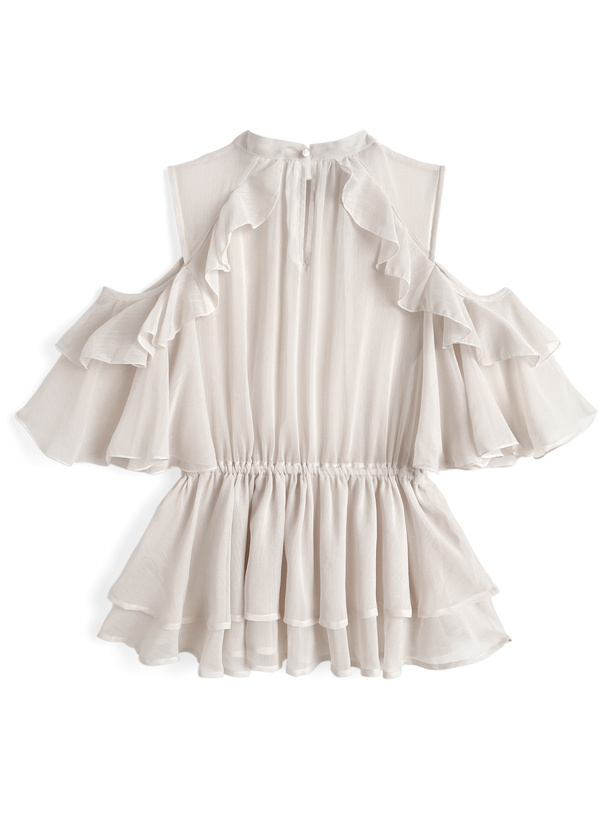 オープンショルダーフリルシフォンチュニック