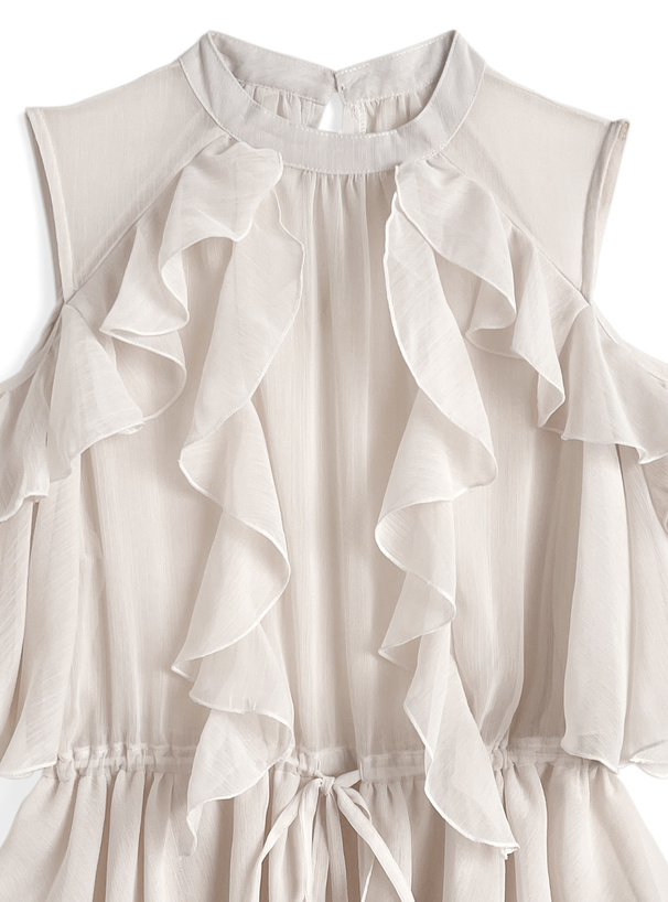 オープンショルダーフリルシフォンチュニック