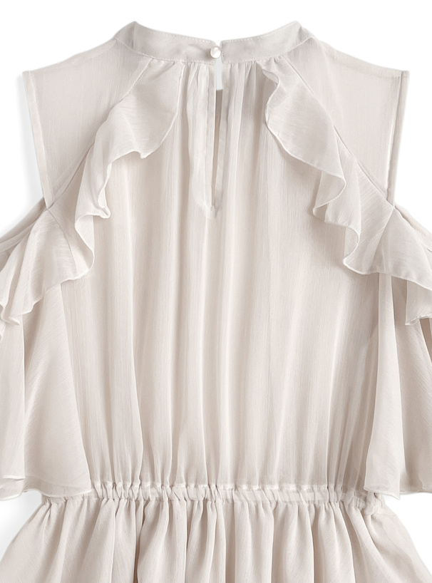 オープンショルダーフリルシフォンチュニック