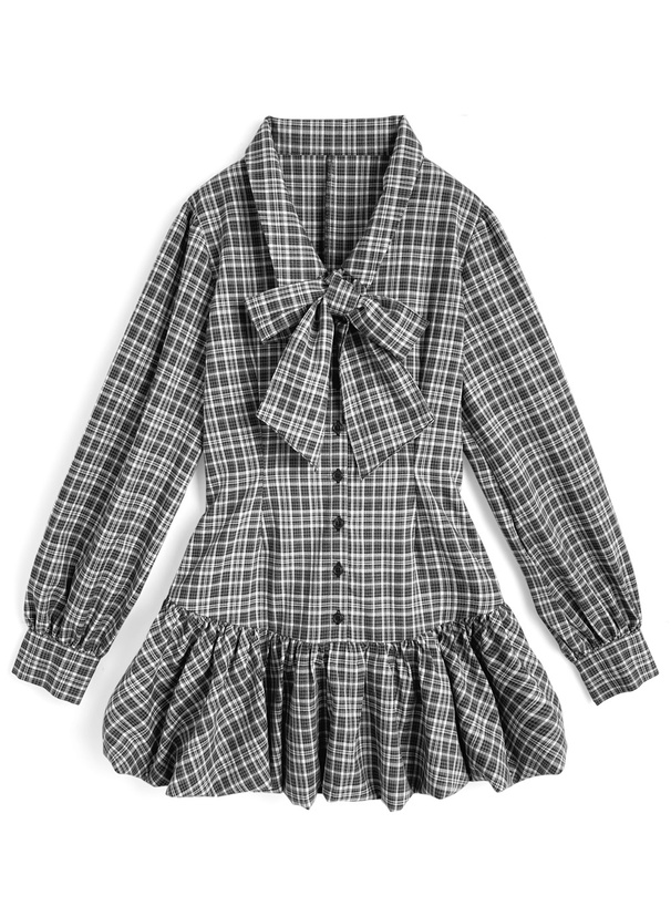 リボン付き2Wayチェック柄バルーンミニワンピース