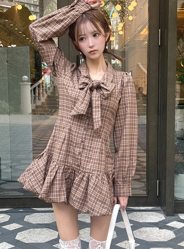 チェックリボンミニワンピース チェック柄リボンミニワンピース[dk1291] | レディース