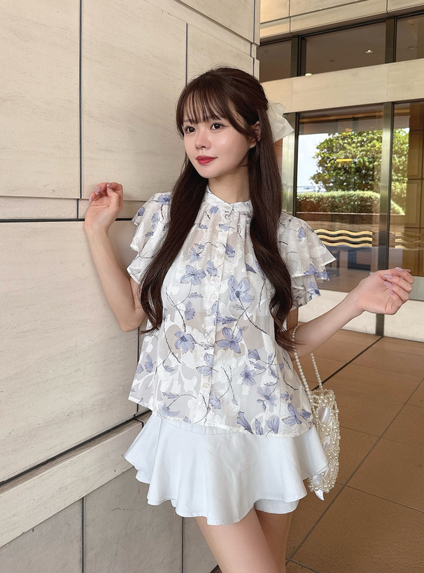 新品　ANAYI 花柄　レース　フリル　シアー　ブラウス　38 ネイビー ANAYI(アナイ) ホップフラワーレースフレア ワンピース花柄