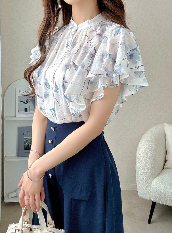 □美品LOKITHOシアーフリルスリーブ花柄刺繍カーディガンブラウス