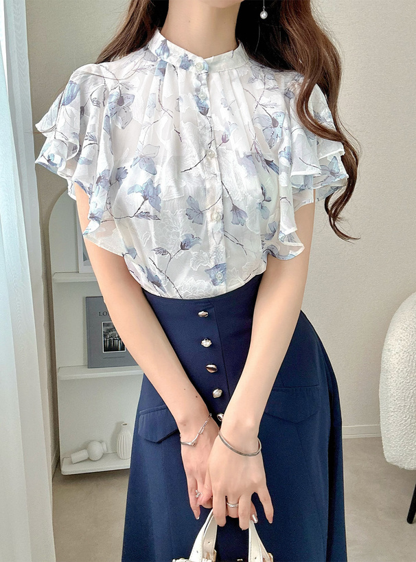 美品✨ケイミー 半袖ブラウス 花柄 フリル シアー 華やか ストレッチ L相当 美品✨ケイミー 半袖ブラウス 花柄 フリル シアー 華やか