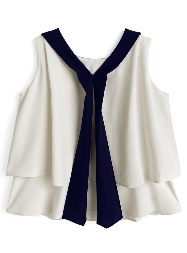 配色ボウタイノースリーブブラウス