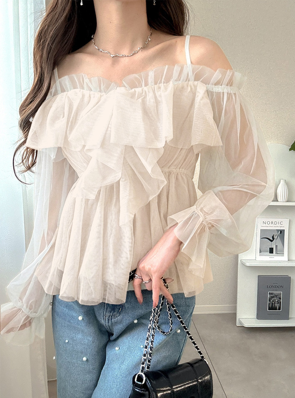 オフショルダーチュールフリルブラウス