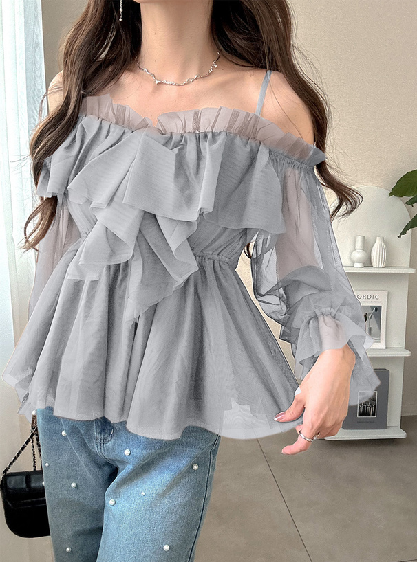 オフショルダーチュールフリルブラウス